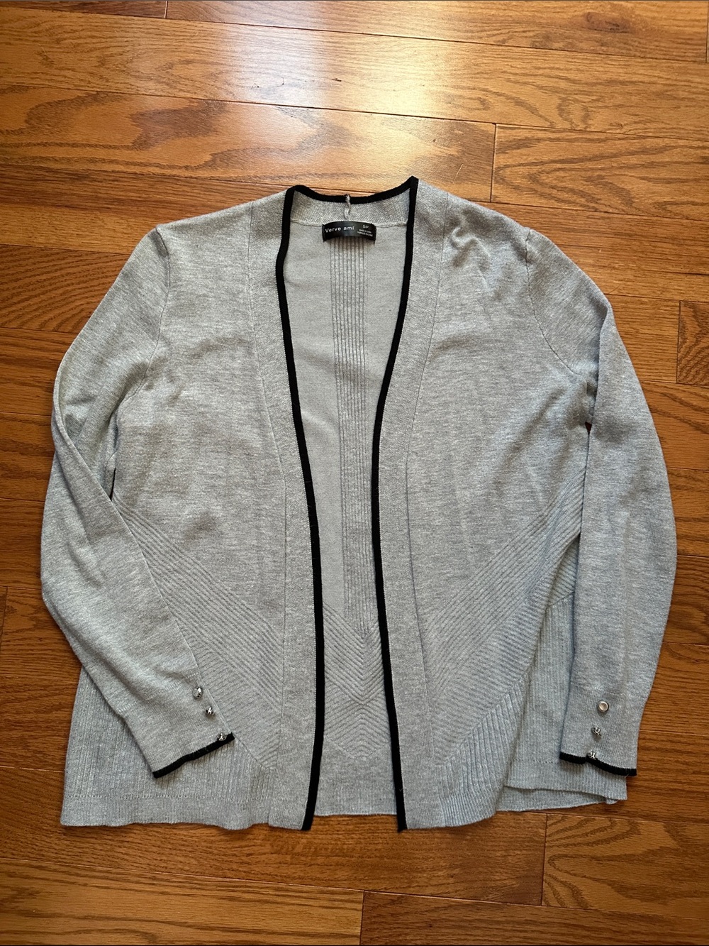 Light Gray Open-Front Women's Cardigan with Black Trim